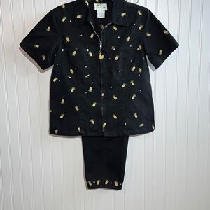 Quacker Factory Pineapple Hawaii Full Zip Shirt And Capris Set SZ ￼S 100% Cotton